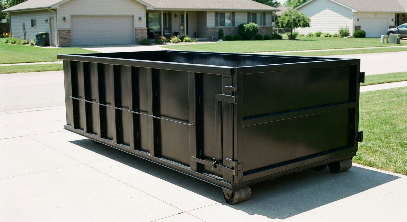 Matte-black 10-yard roll-off dumpster on a residential concrete driveway in Phelan, uniformly painted matte black across every panel and rail, ribbed steel sidewalls and rear swing door visible, mid-day daylight.
