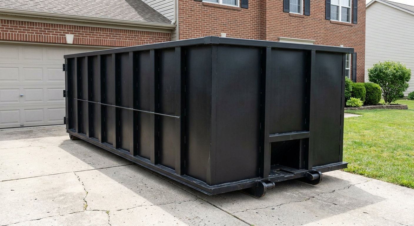 Matte-black 20-yard roll-off container on a Phelan residential concrete driveway with reinforced ribbed steel sidewalls and a hinged rear walk-in door, clean bright daylight.