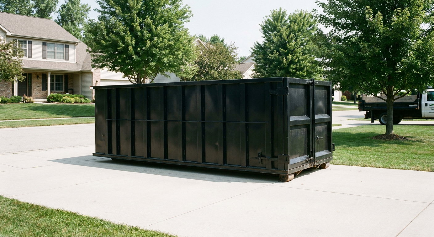 Matte-black 20-yard roll-off dumpster sitting level on a clean Phelan residential concrete driveway under bright daylight, demonstrating clean placement directly on the concrete.