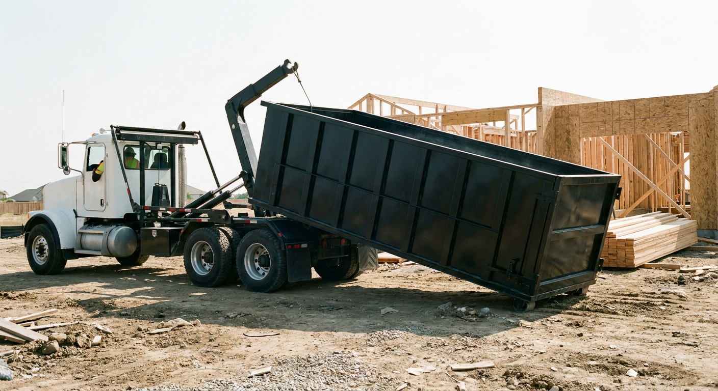 Matte-black roll-off dumpster being delivered onto a clean residential concrete driveway in Phelan by an unmarked white hooklift hauler truck, bright morning daylight, documentary 35mm perspective.